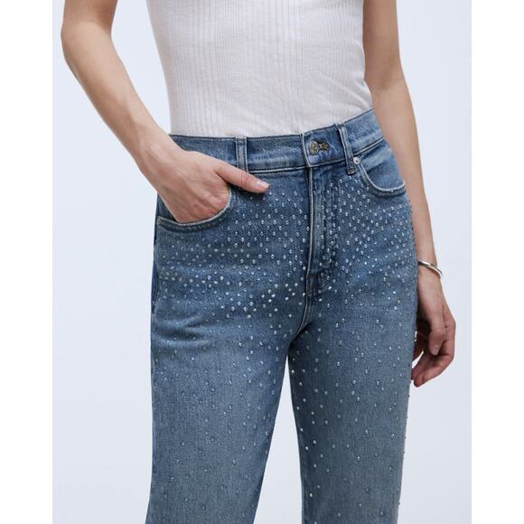 NWT Madewell The 90s Straight Jean 25 Shimmery Clear Rhinestones Enmore Wash - Picture 5 of 16